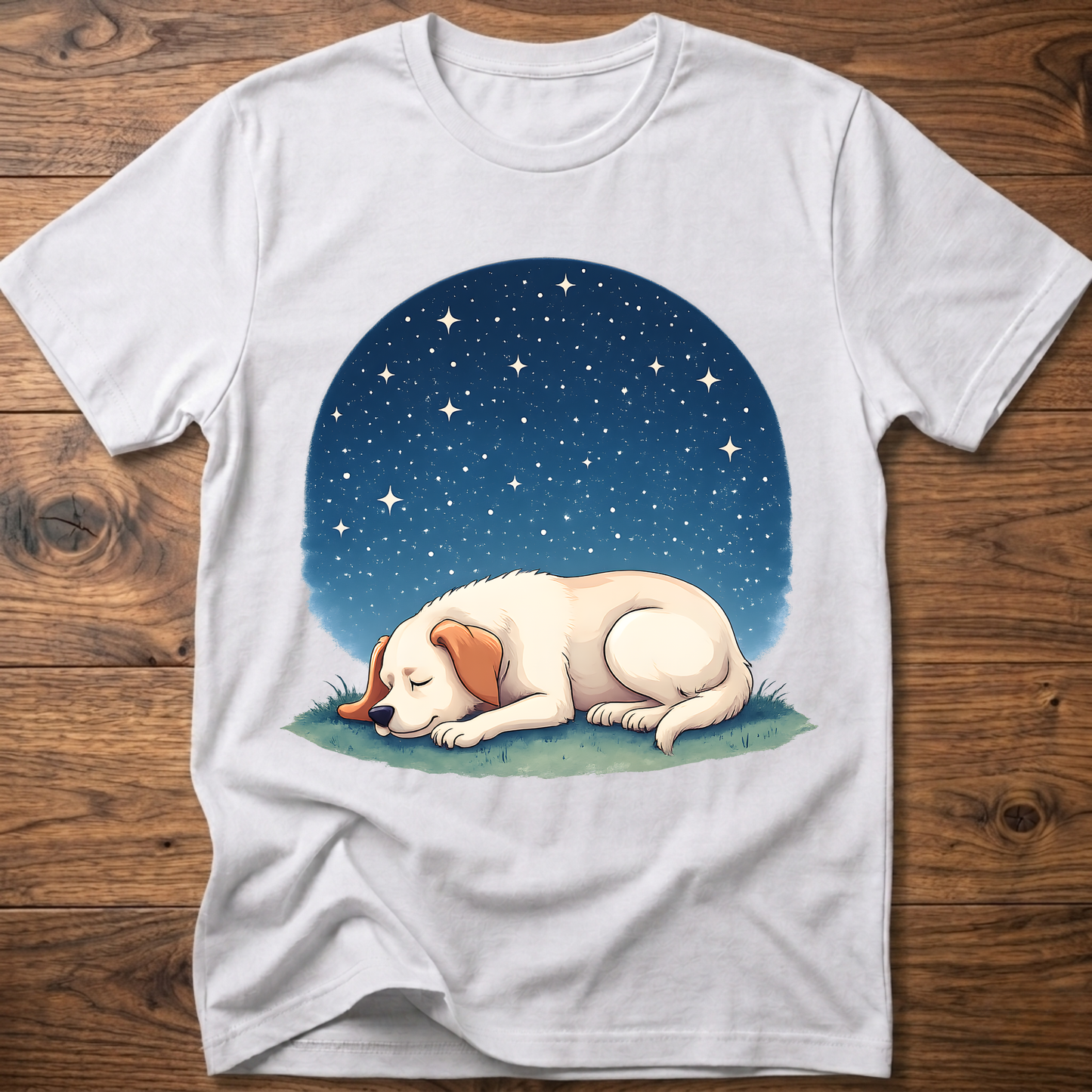 White t-shirt with sleeping dog graphic under a starry night sky