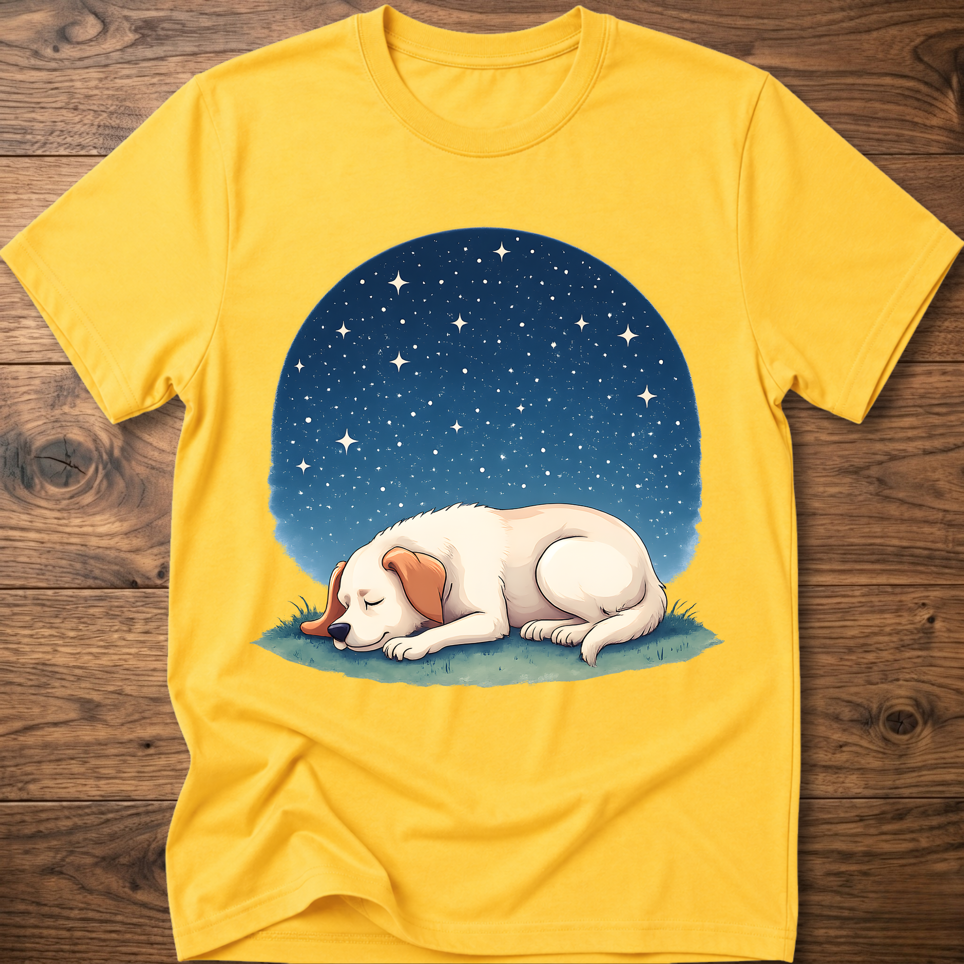 Yellow t-shirt with sleeping dog graphic under a starry night sky