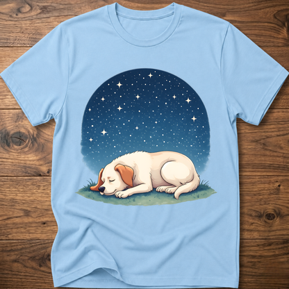 Light blue t-shirt with sleeping dog graphic under a starry night sky