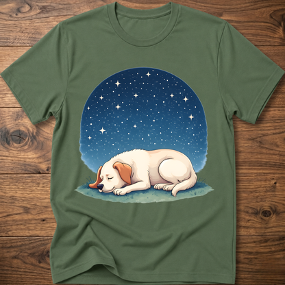 Dark green t-shirt with sleeping dog graphic under a starry night sky