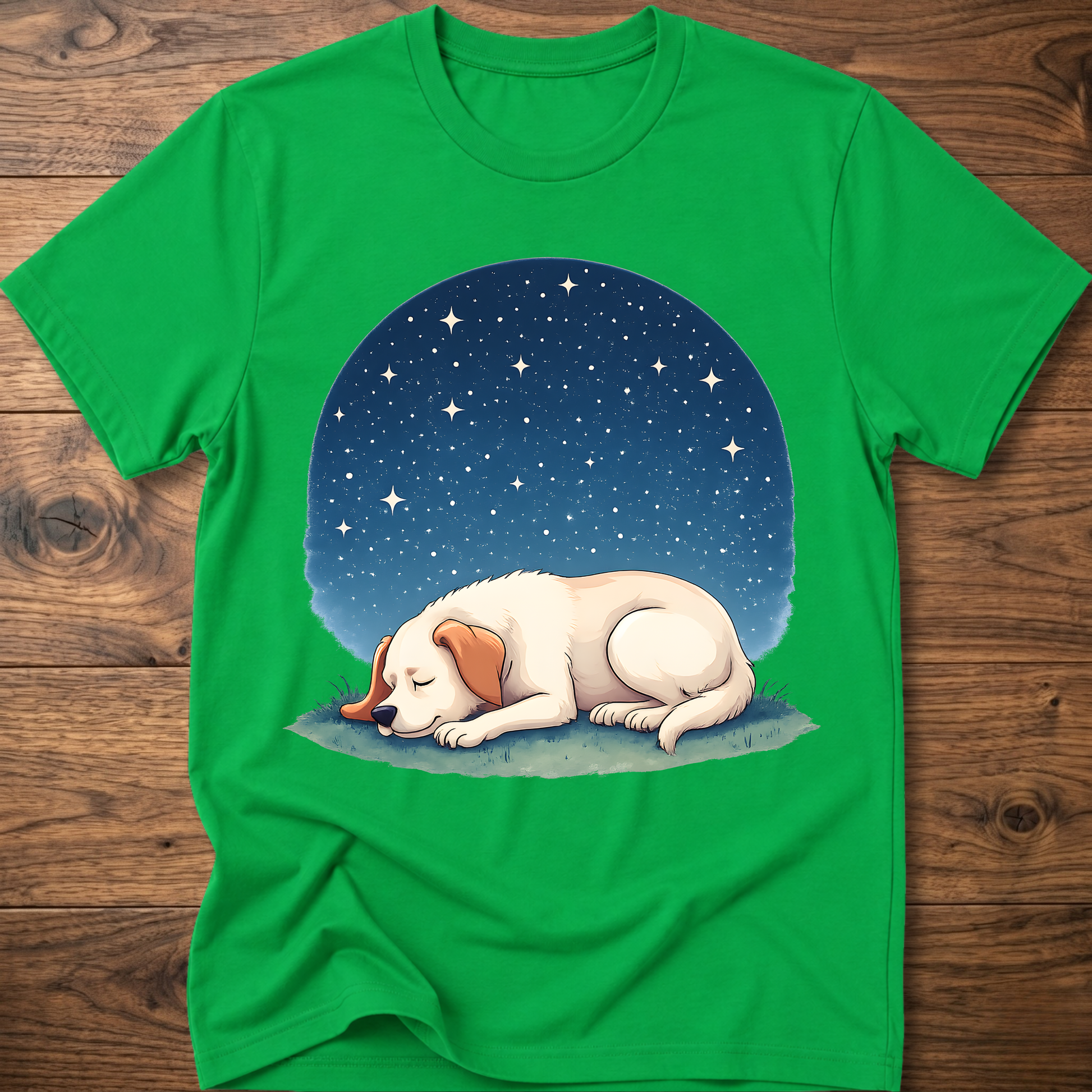 Green t-shirt with sleeping dog graphic under a starry night sky