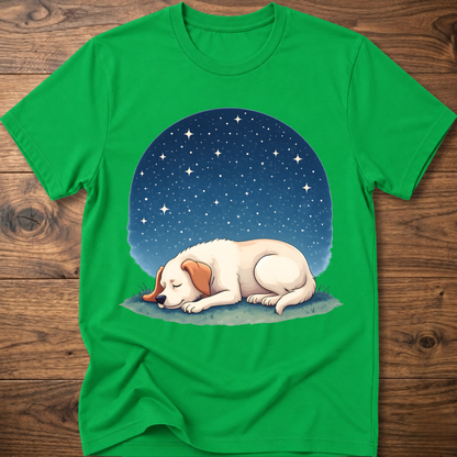 Green t-shirt with sleeping dog graphic under a starry night sky