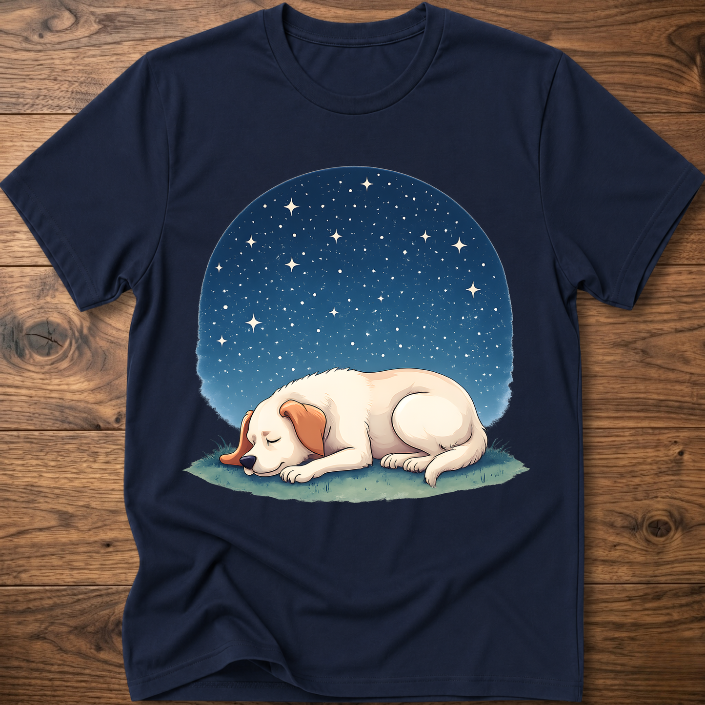 Navy t-shirt with sleeping dog graphic under a starry night sky