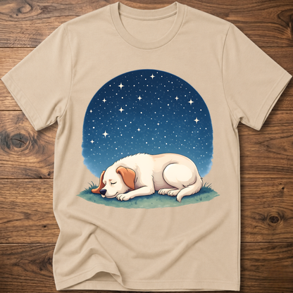 Sand t-shirt with sleeping dog graphic under a starry night sky