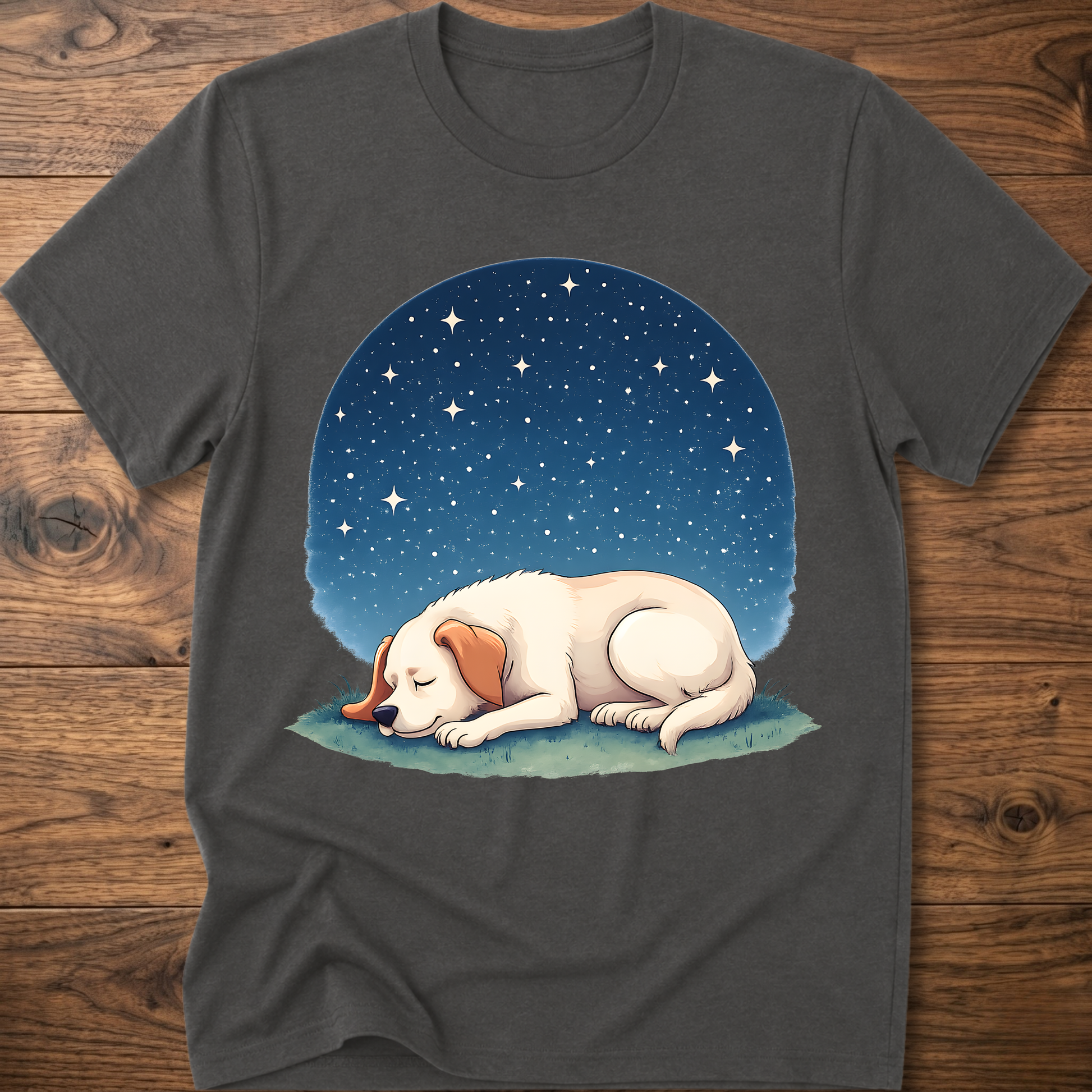 Dark gray t-shirt with sleeping dog graphic under a starry night sky