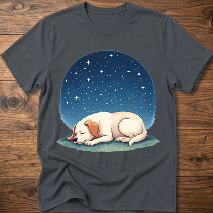Charcoal t-shirt with sleeping dog graphic under a starry night sky