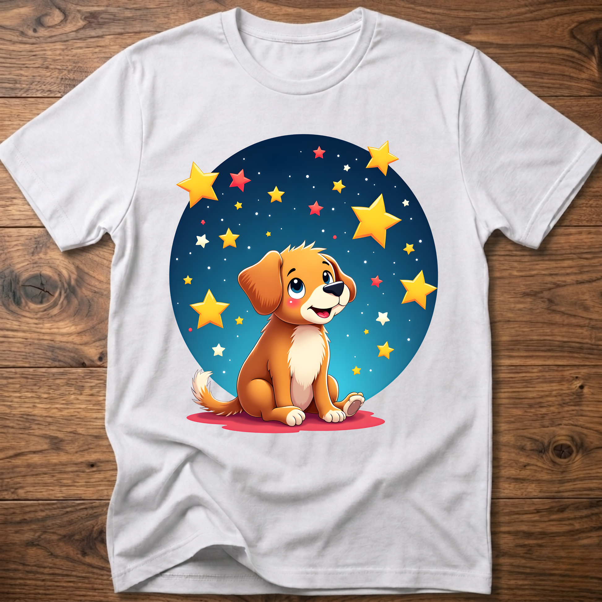 White dog graphic t-shirt with sitting puppy in a blue star circle