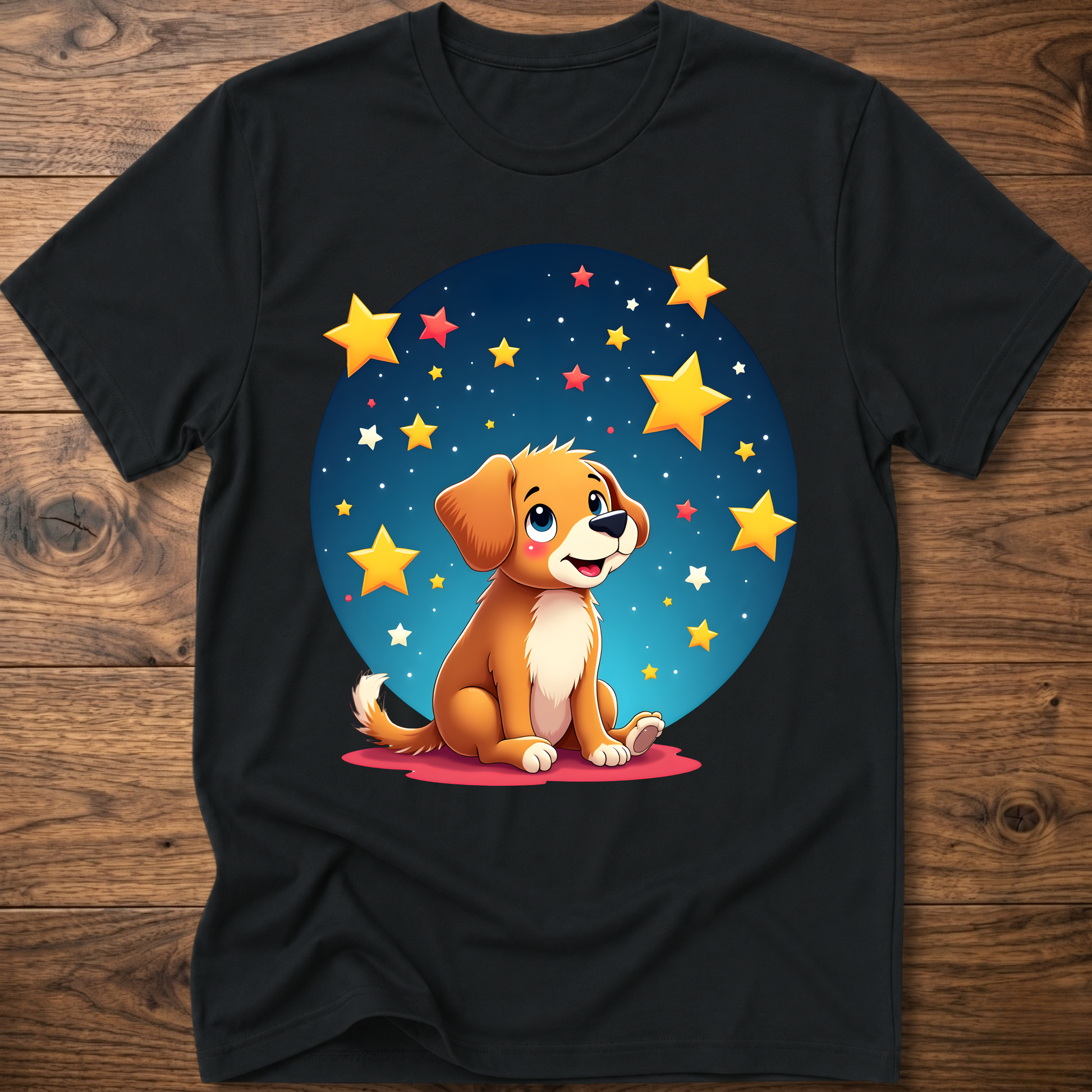 Black dog graphic t-shirt with sitting puppy in a blue star circle