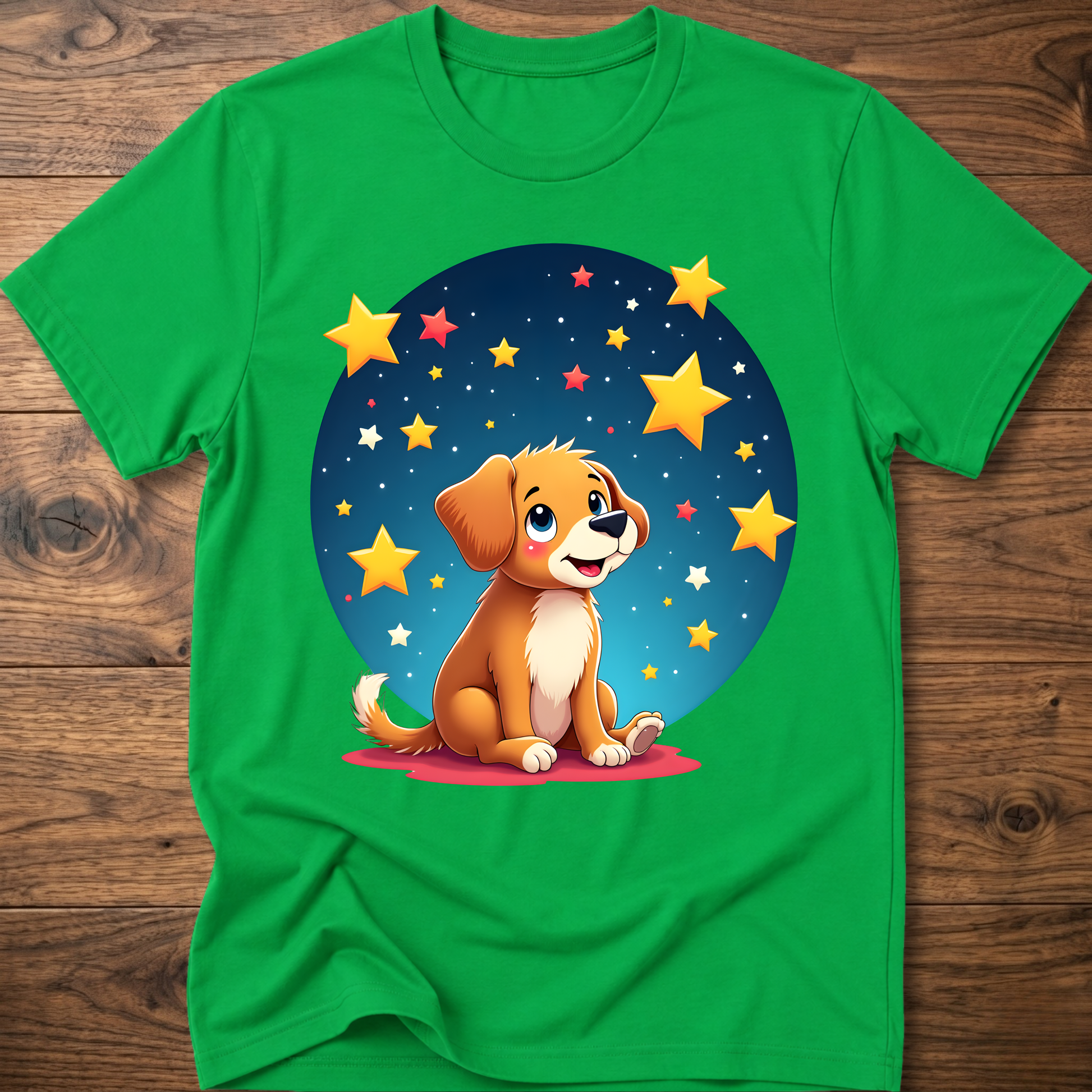 Bright green dog graphic t-shirt with sitting puppy in a blue star circle