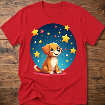 Red dog graphic t-shirt with sitting puppy in a blue star circle