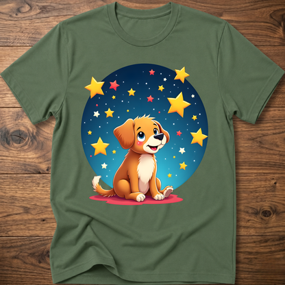 Green dog graphic t-shirt with sitting puppy in a blue star circle