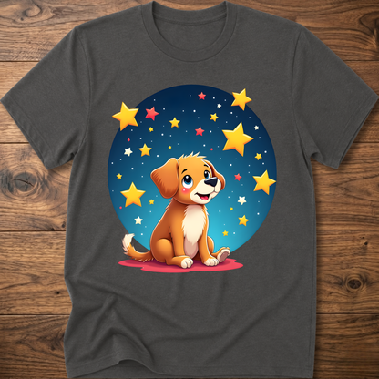 Dark gray dog graphic t-shirt with sitting puppy in a blue star circle