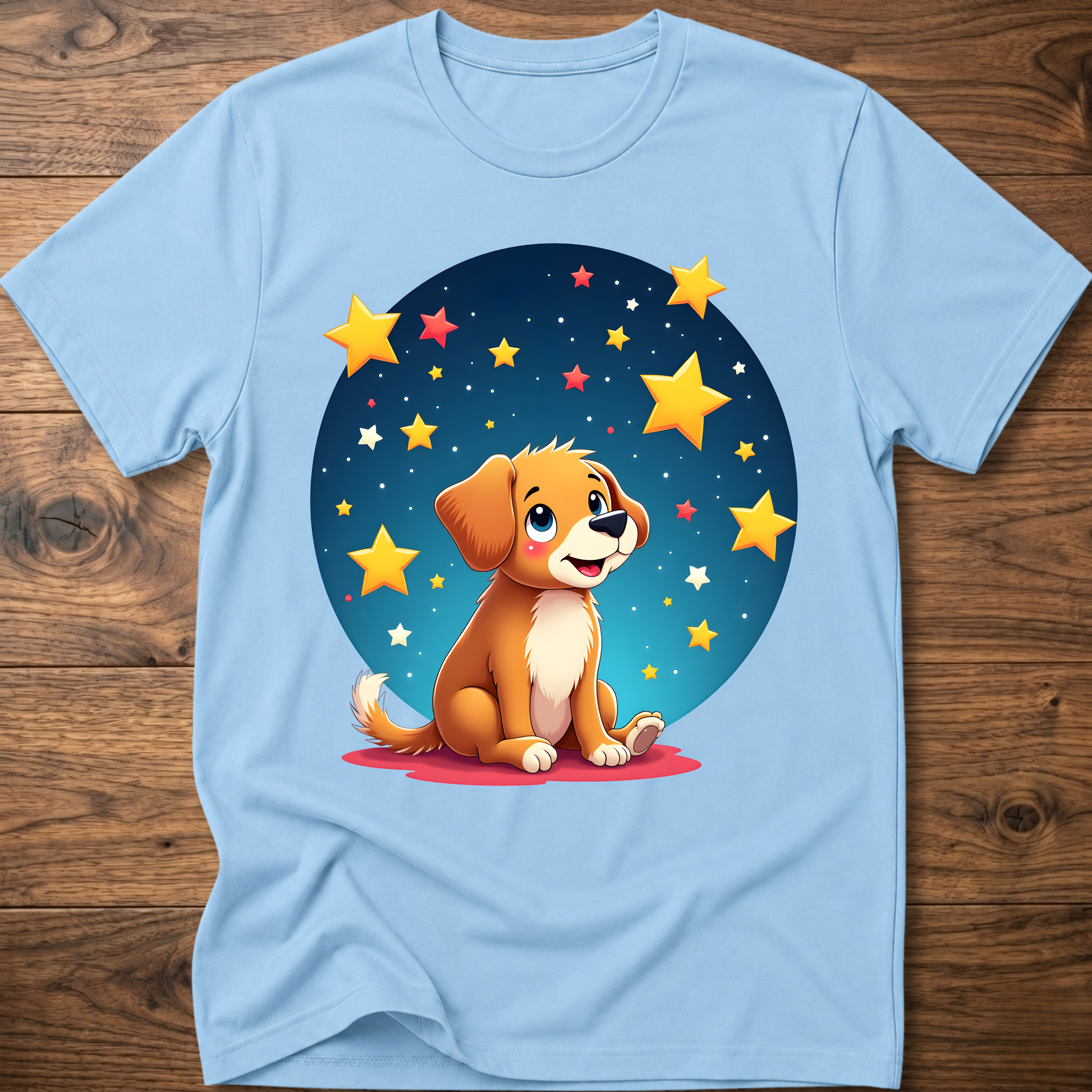 Light blue dog graphic t-shirt with sitting puppy in a blue star circle