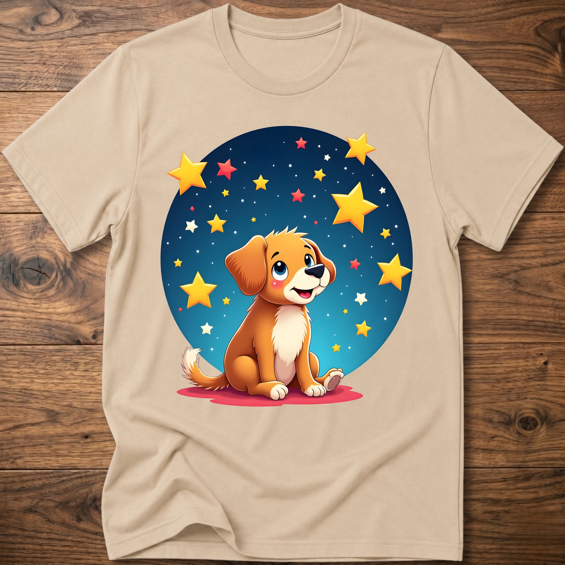 Beige dog graphic t-shirt with sitting puppy in a blue star circle