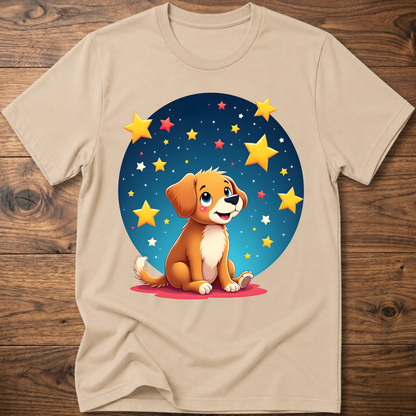 Beige dog graphic t-shirt with sitting puppy in a blue star circle