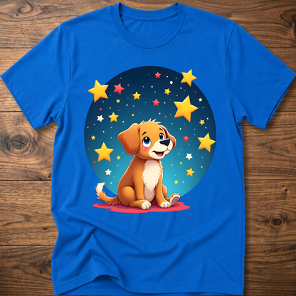 Blue dog graphic t-shirt with sitting puppy in a blue star circle