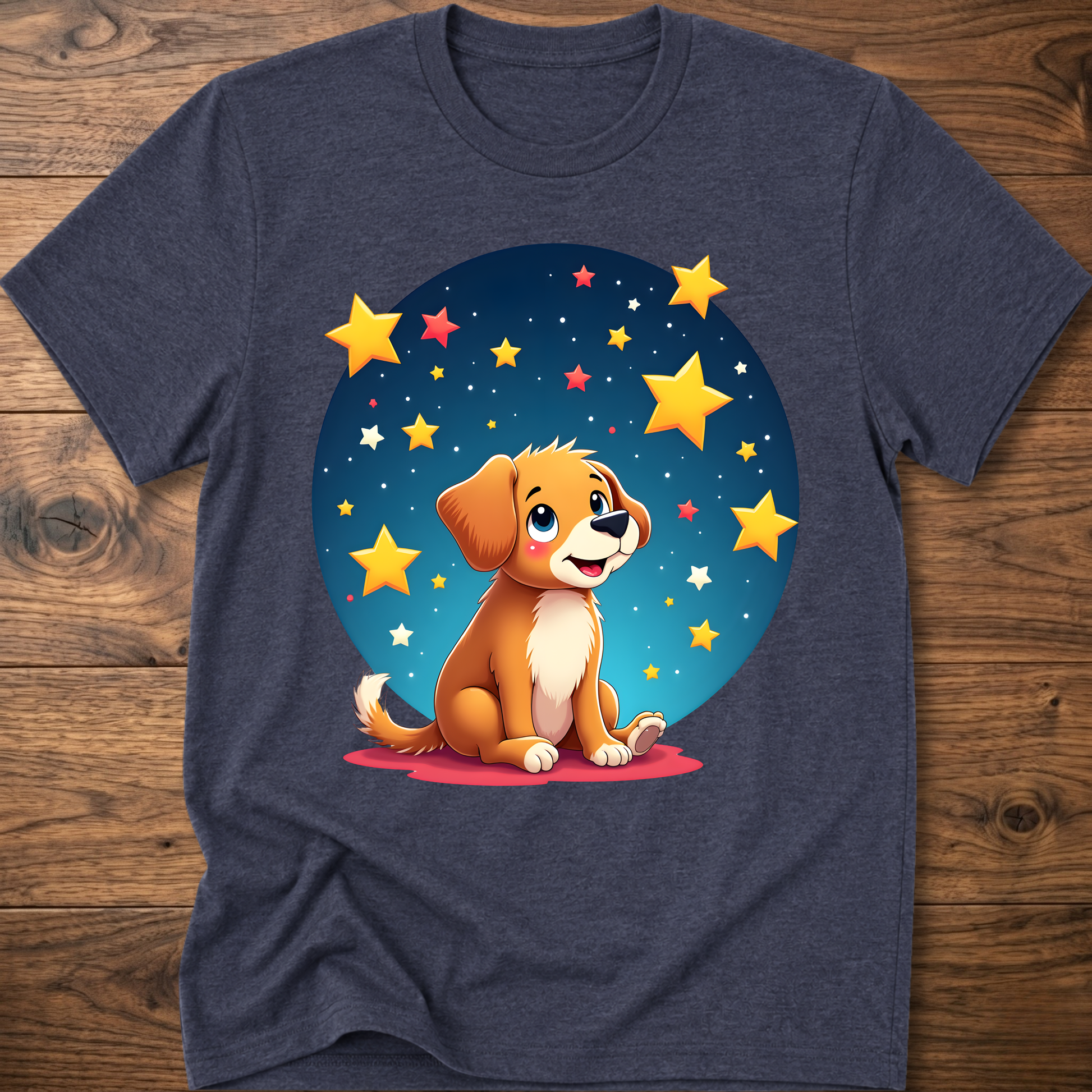 Charcoal heather dog graphic t-shirt with sitting puppy in a blue star circle