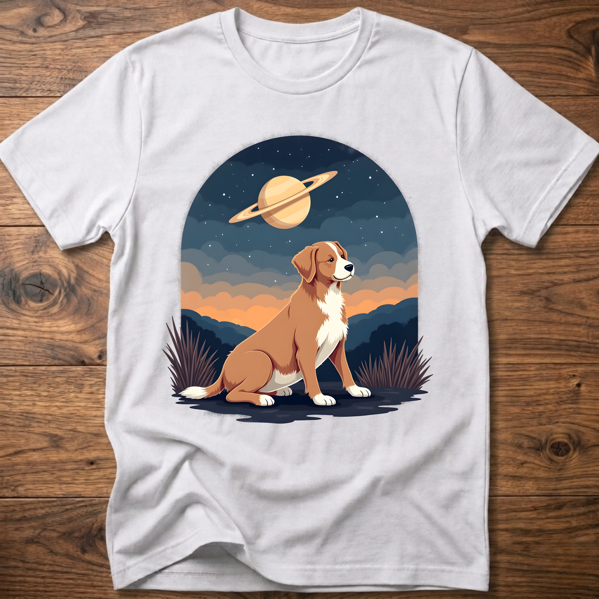 White crewneck T-shirt with Saturn sky dog graphic on the front