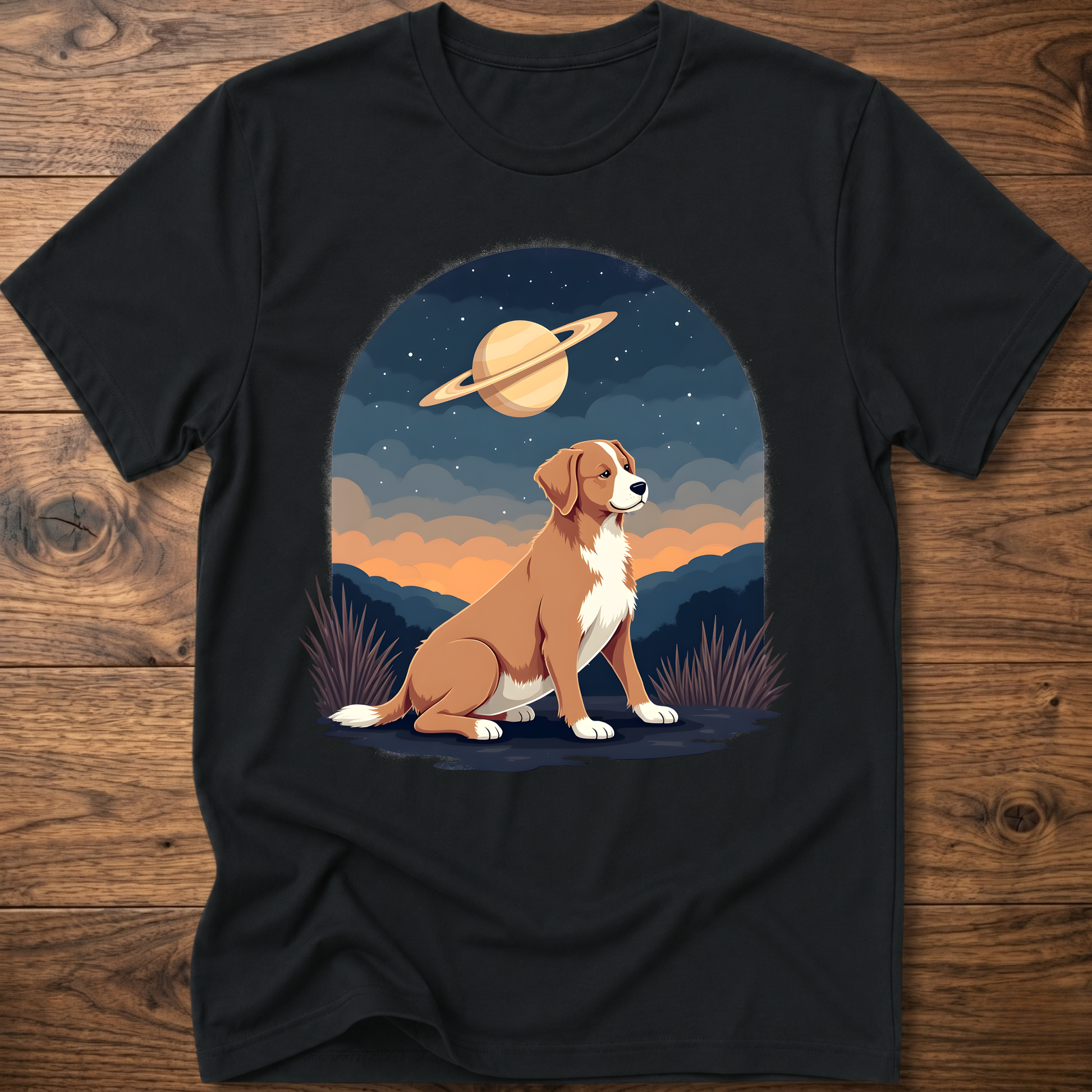 Black crewneck T-shirt with Saturn sky dog graphic on the front