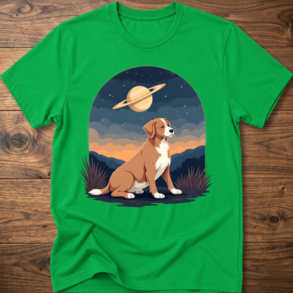 Green crewneck T-shirt with Saturn sky dog graphic on the front
