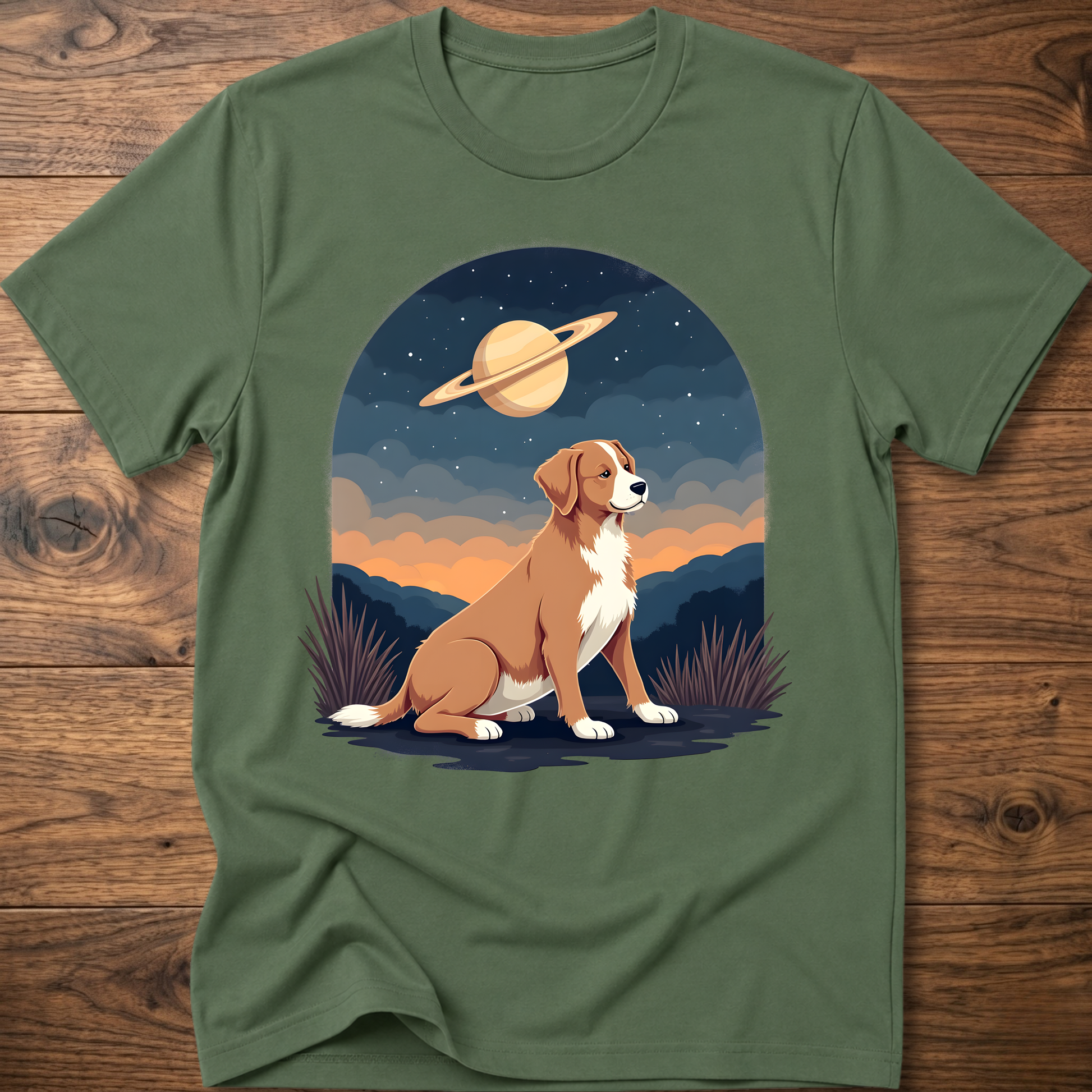 Dark green crewneck T-shirt with Saturn sky dog graphic on the front