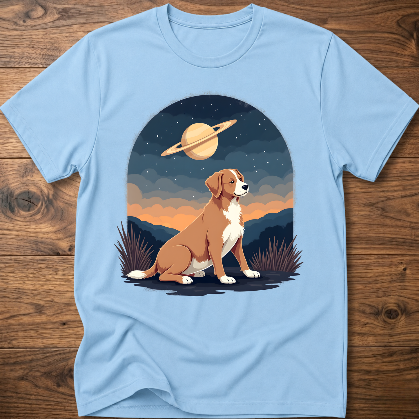 Light blue crewneck T-shirt with Saturn sky dog graphic on the front