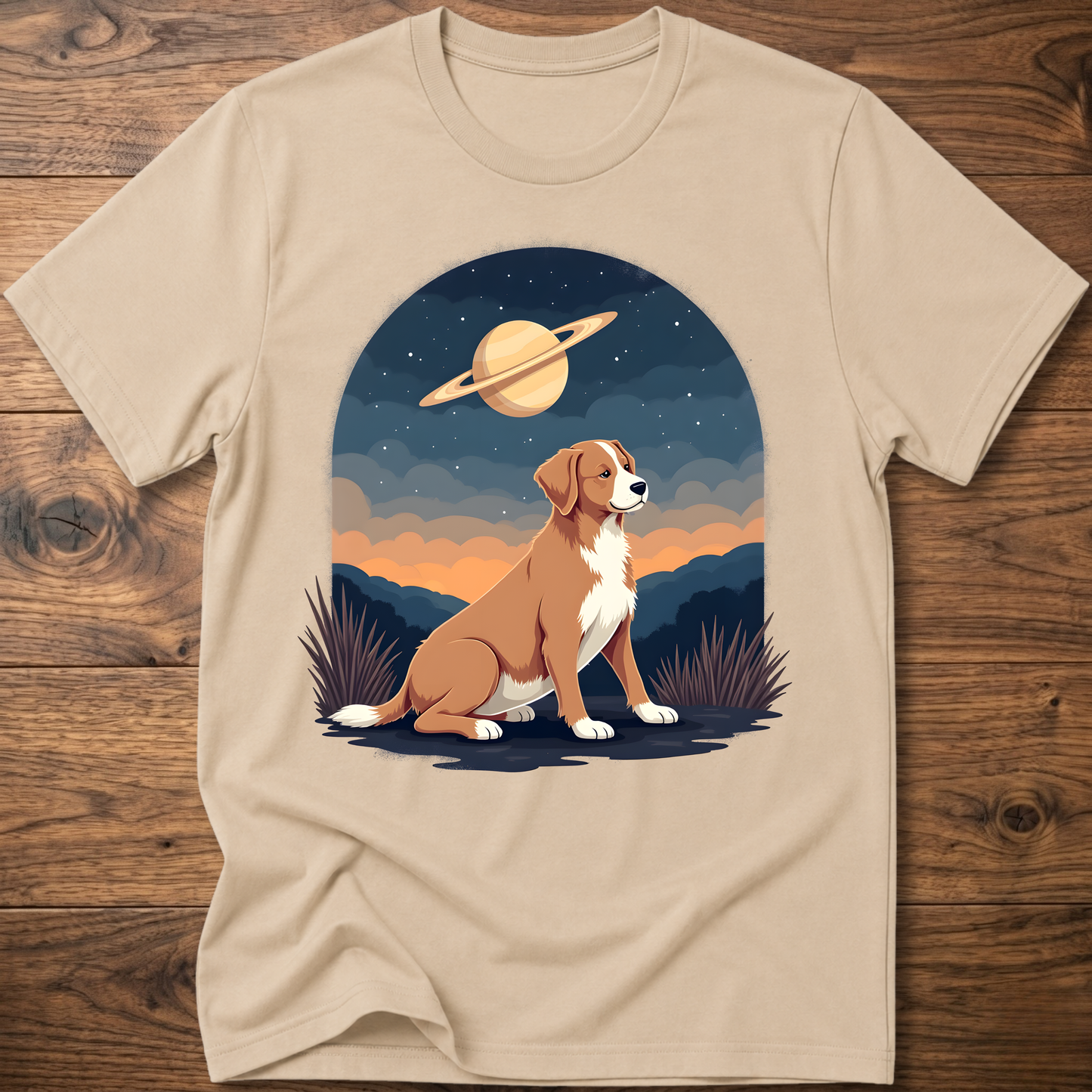 Sand/beige crewneck T-shirt with Saturn sky dog graphic on the front