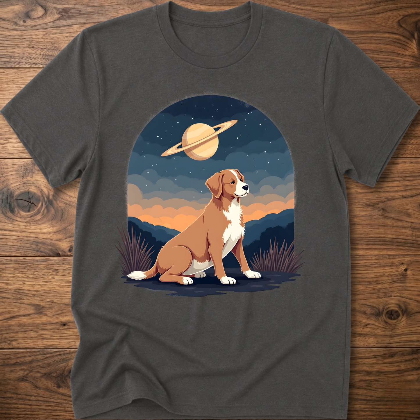 Dark gray crewneck T-shirt with Saturn sky dog graphic on the front