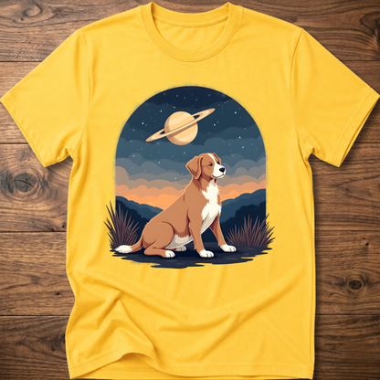 Yellow crewneck T-shirt with Saturn sky dog graphic on the front