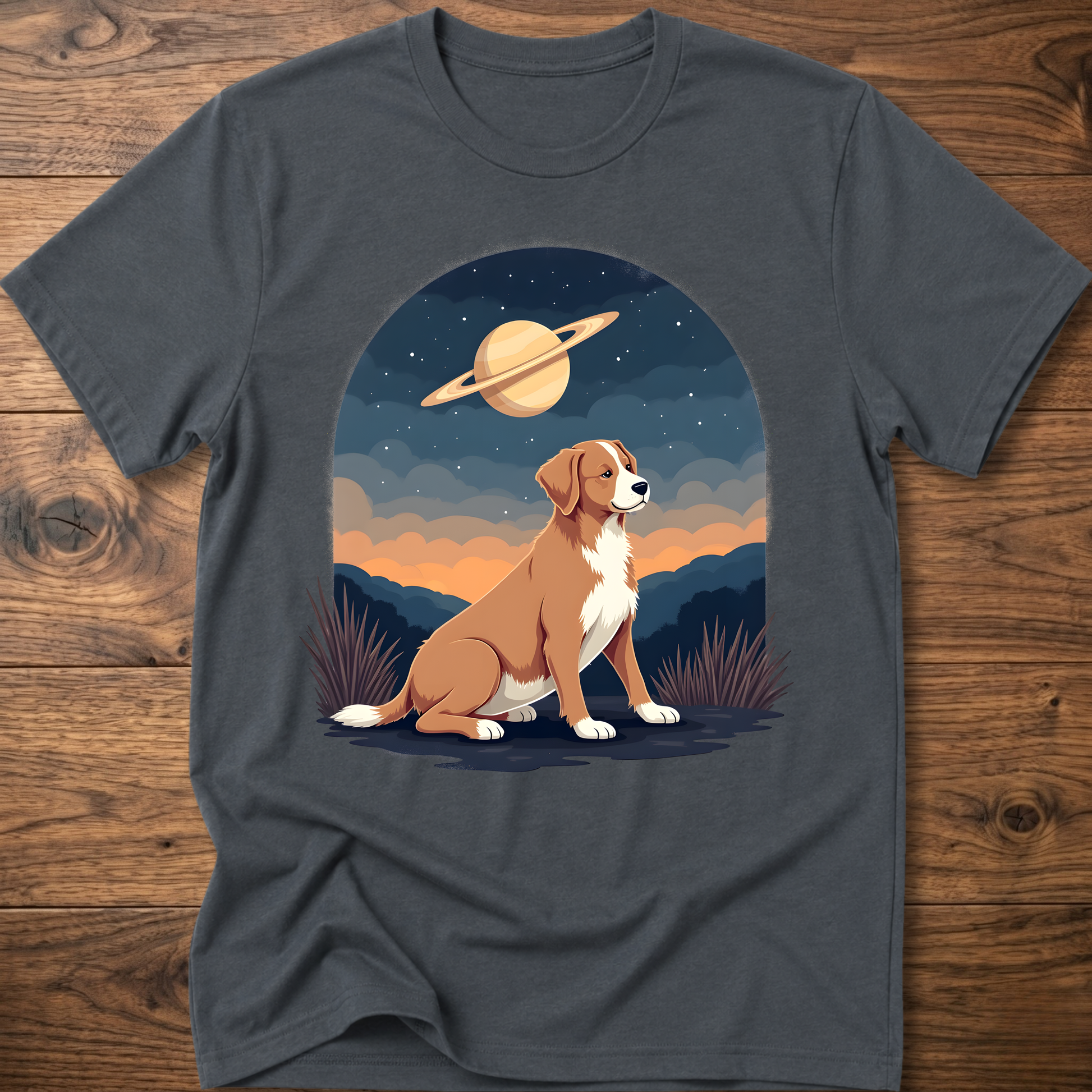 Charcoal gray crewneck T-shirt with Saturn sky dog graphic on the front
