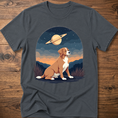 Charcoal gray crewneck T-shirt with Saturn sky dog graphic on the front