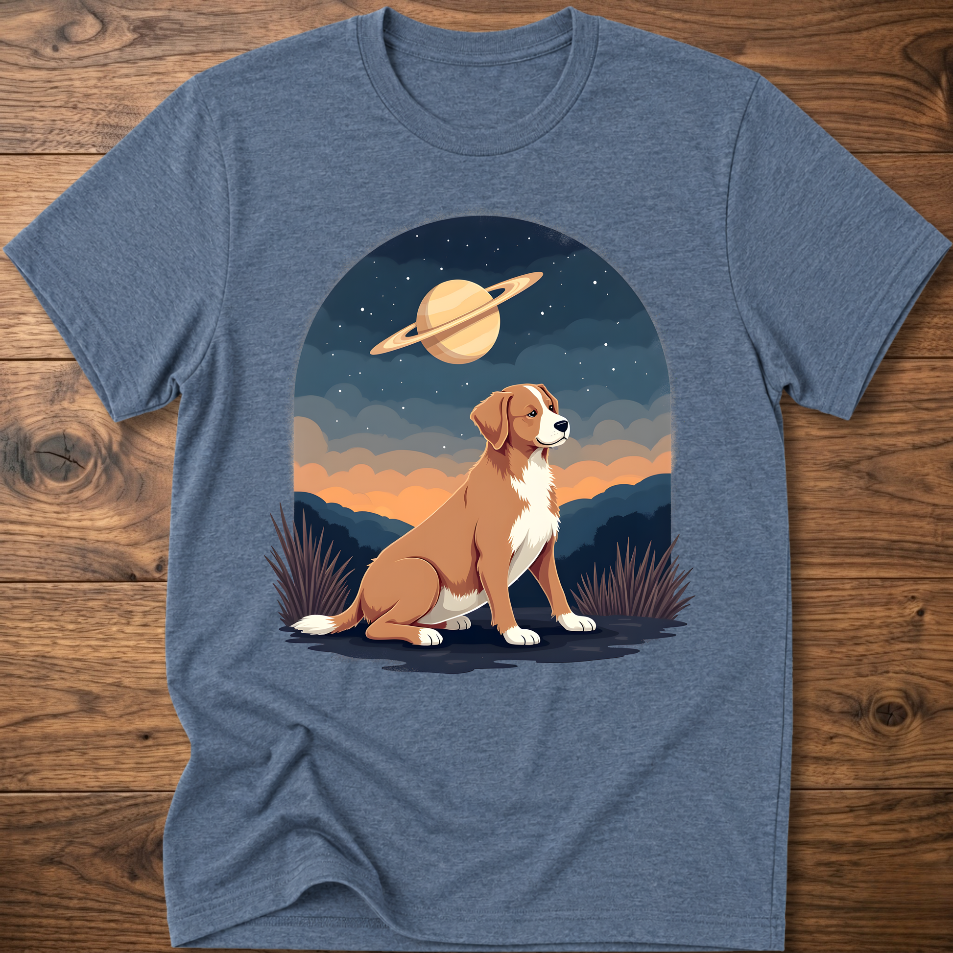 Heather blue crewneck T-shirt with Saturn sky dog graphic on the front