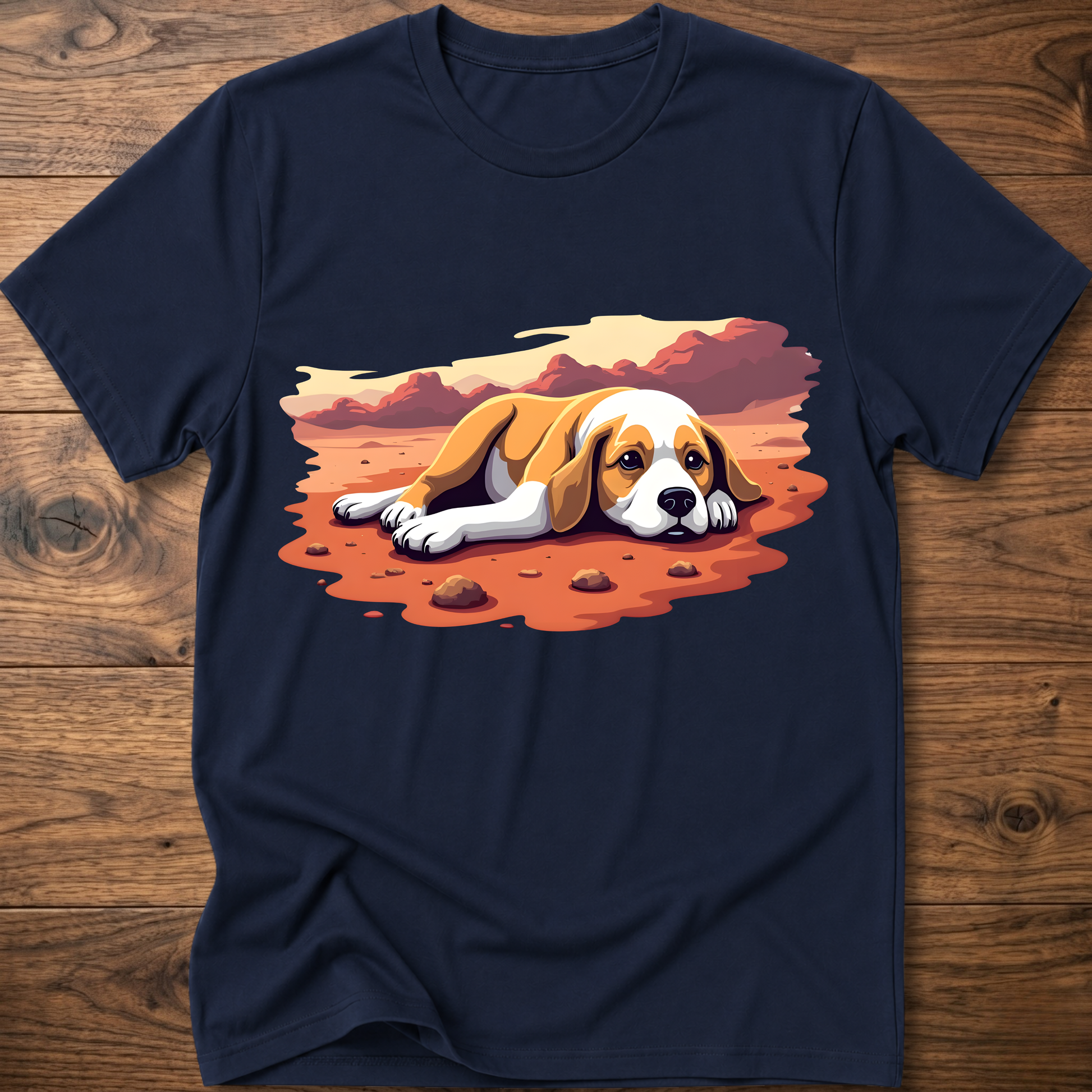 Navy T-shirt with colorful beagle-style dog graphic on the front