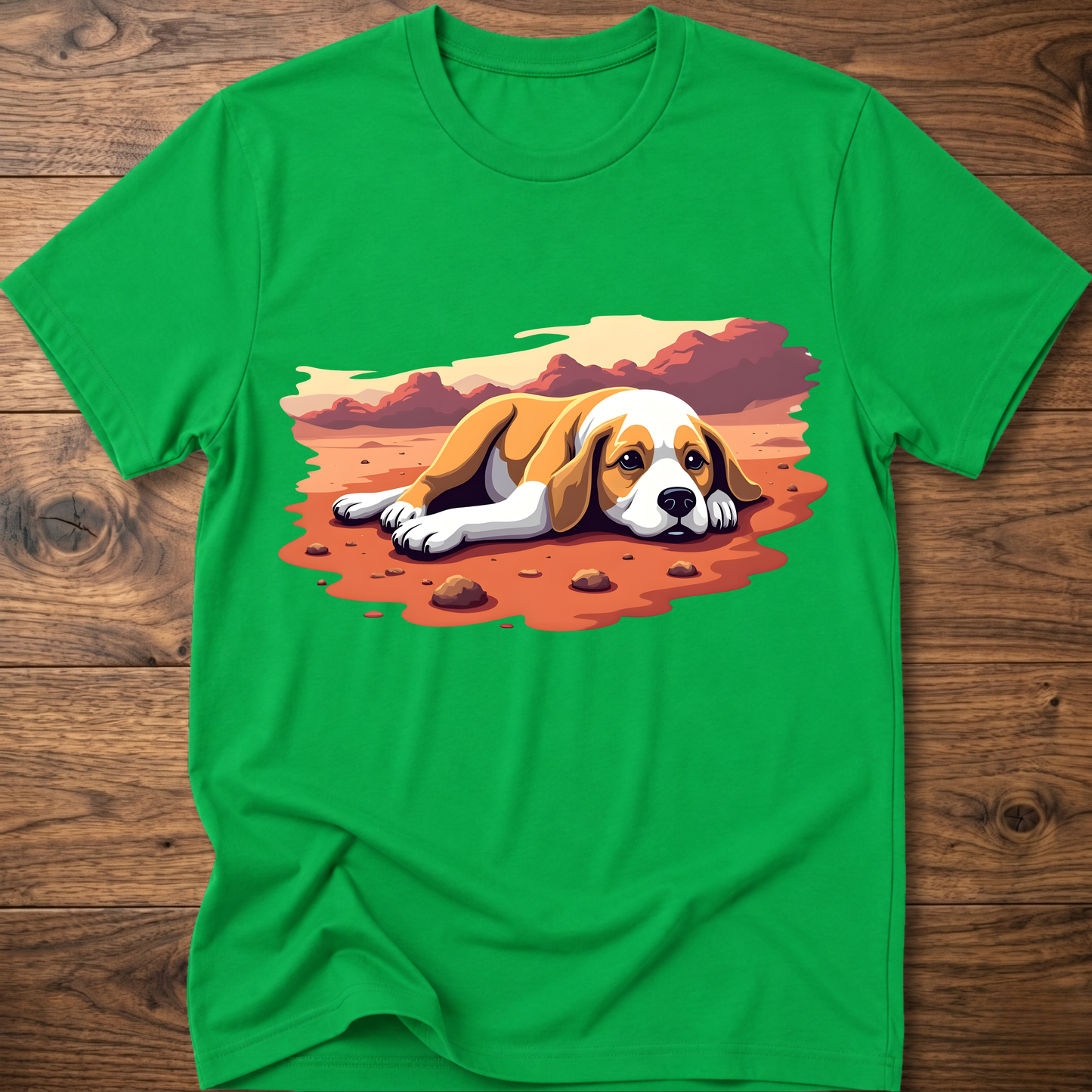 Green T-shirt with colorful beagle-style dog graphic on the front
