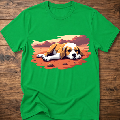 Green T-shirt with colorful beagle-style dog graphic on the front