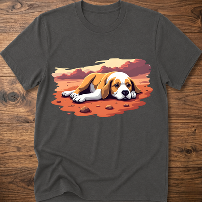 Dark gray T-shirt with colorful beagle-style dog graphic on the front