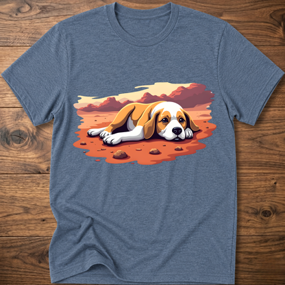 Heather blue T-shirt with colorful beagle-style dog graphic on the front