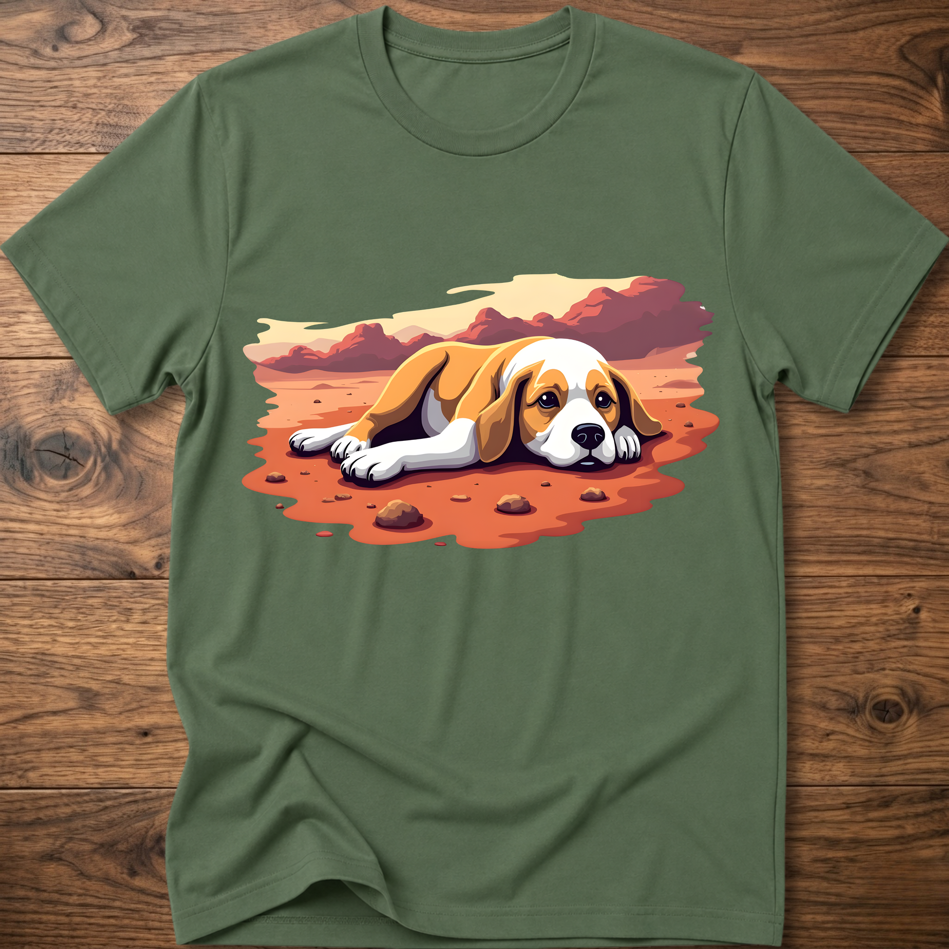 Military green T-shirt with colorful beagle-style dog graphic on the front