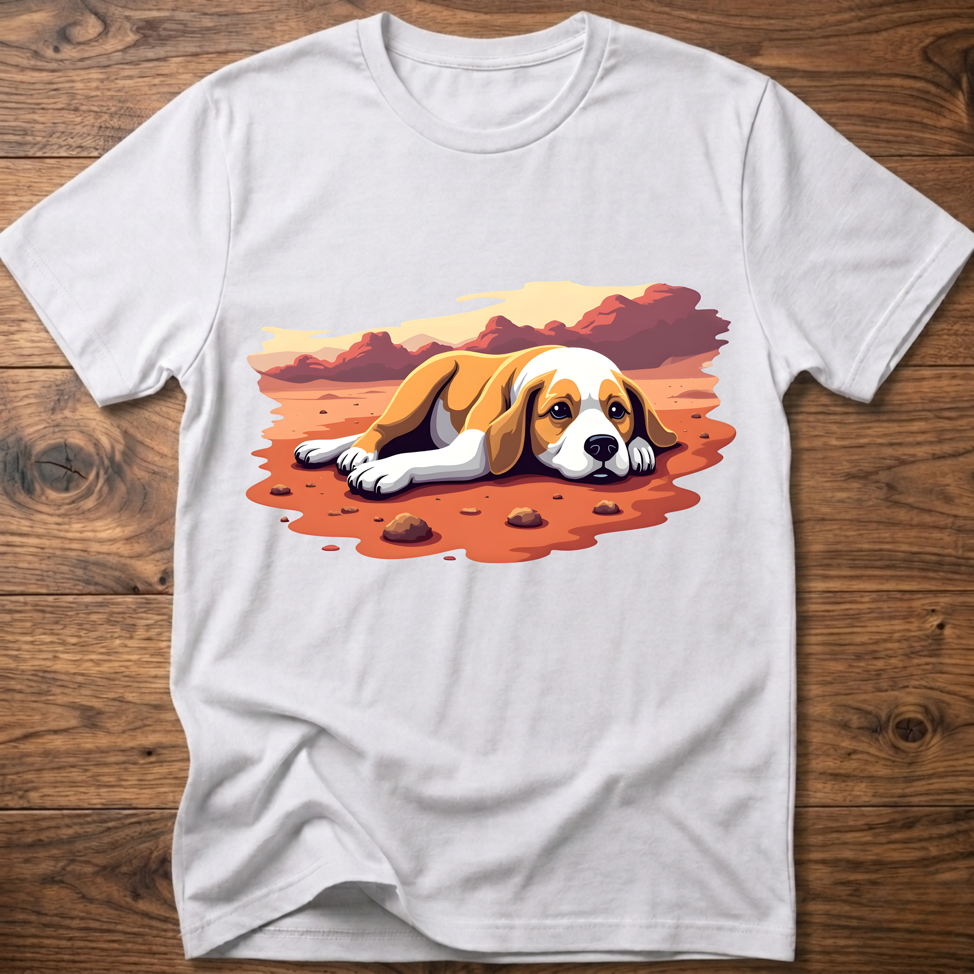 White T-shirt with colorful beagle-style dog graphic on the front
