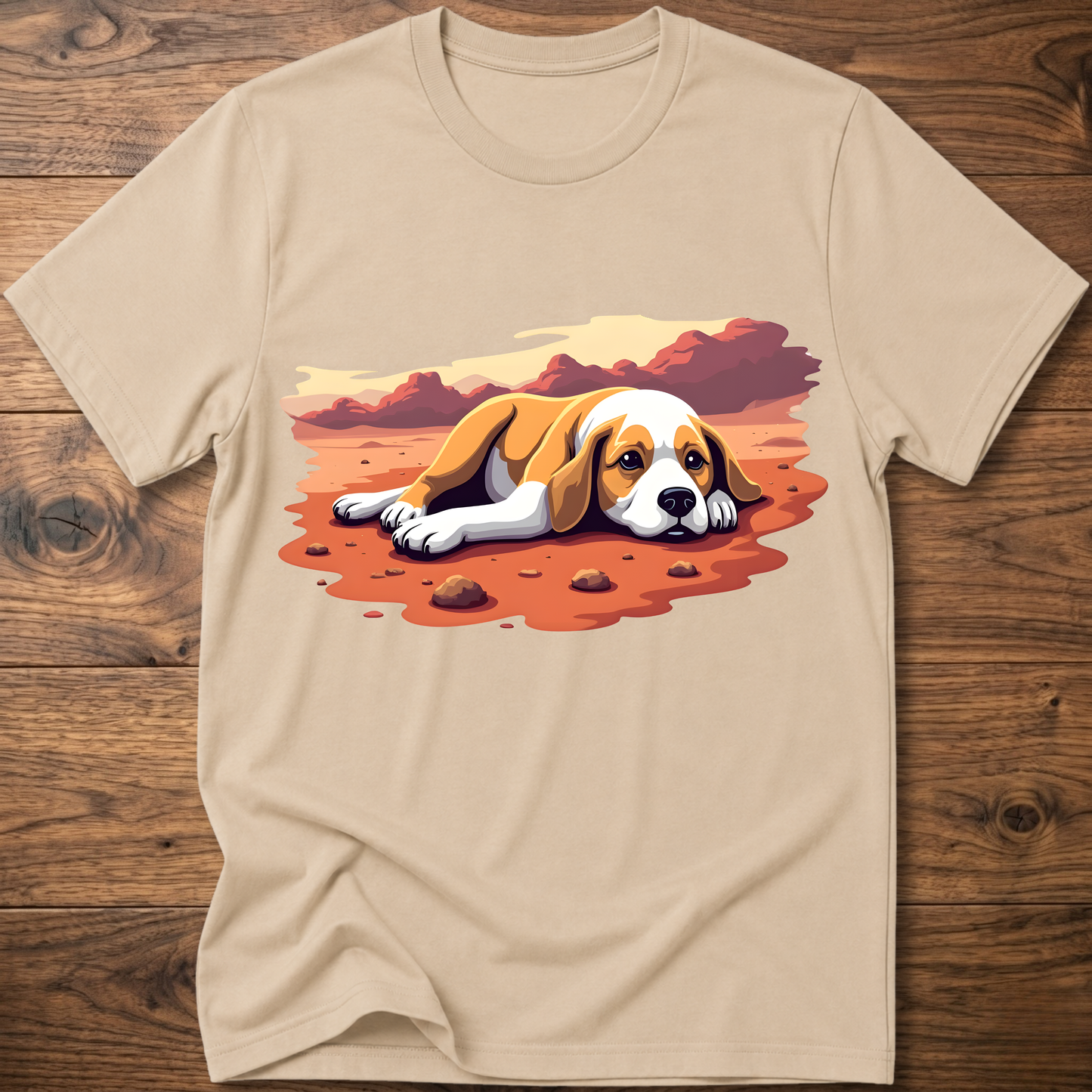 Sand T-shirt with colorful beagle-style dog graphic on the front