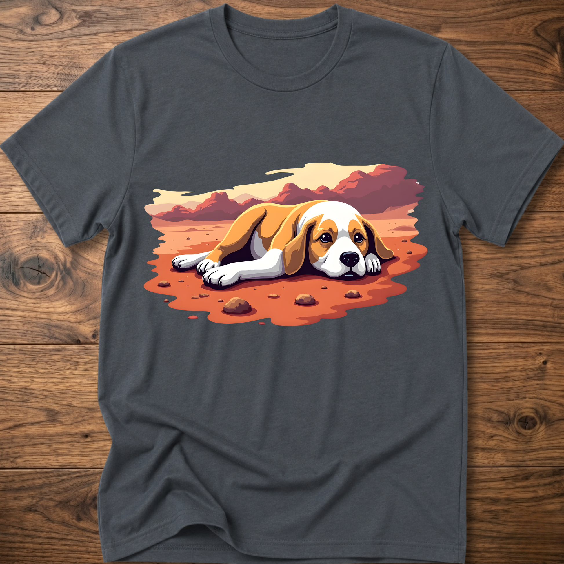 Charcoal T-shirt with colorful beagle-style dog graphic on the front