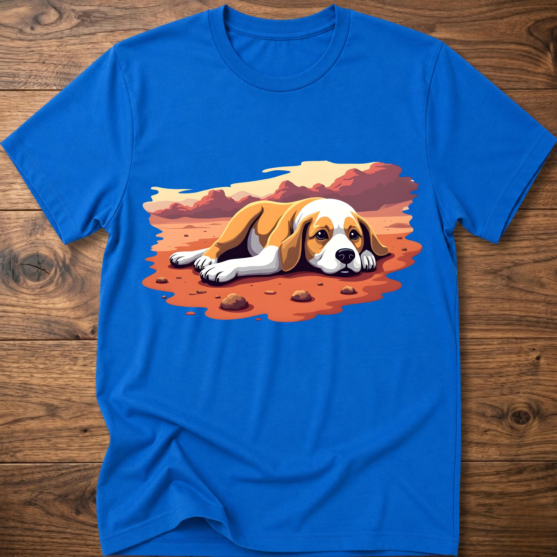 Blue T-shirt with colorful beagle-style dog graphic on the front