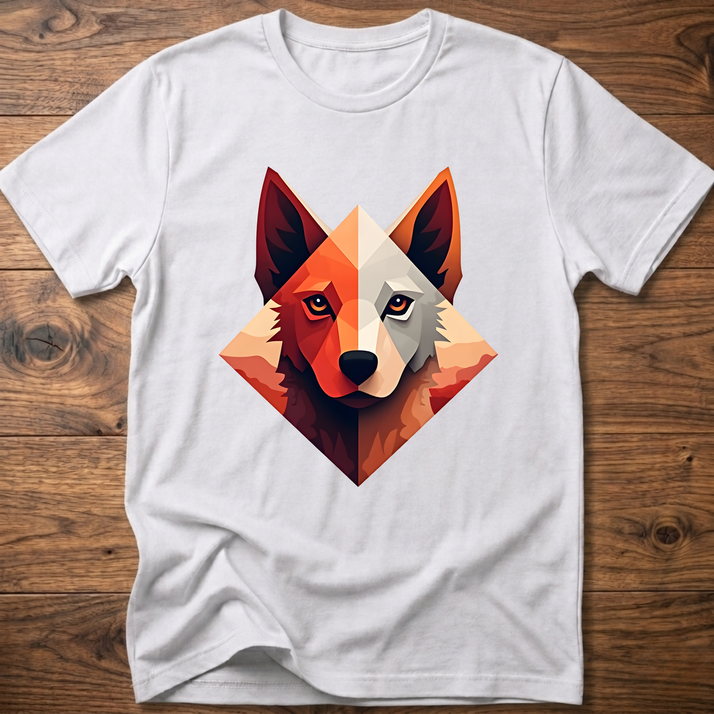White dog t-shirt with colorful geometric husky face graphic at center chest