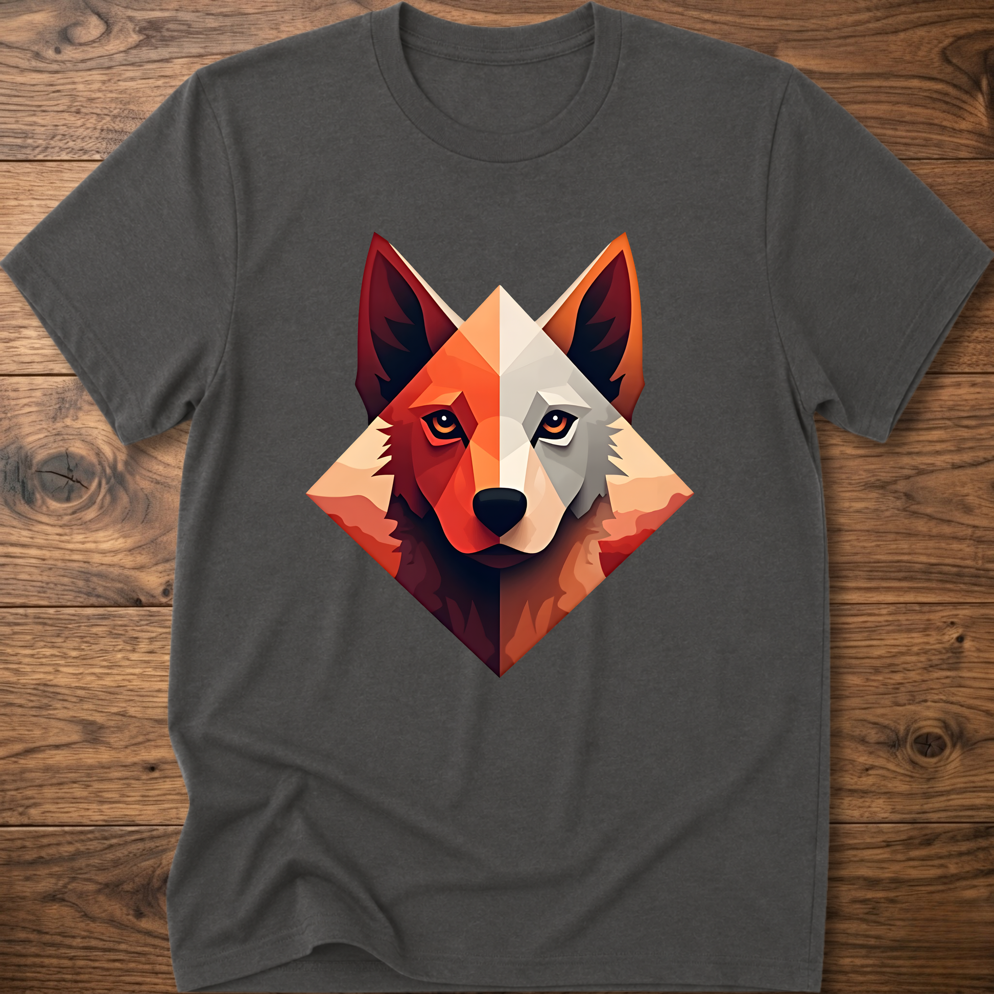 Dark gray dog t-shirt with colorful geometric husky face graphic at center chest