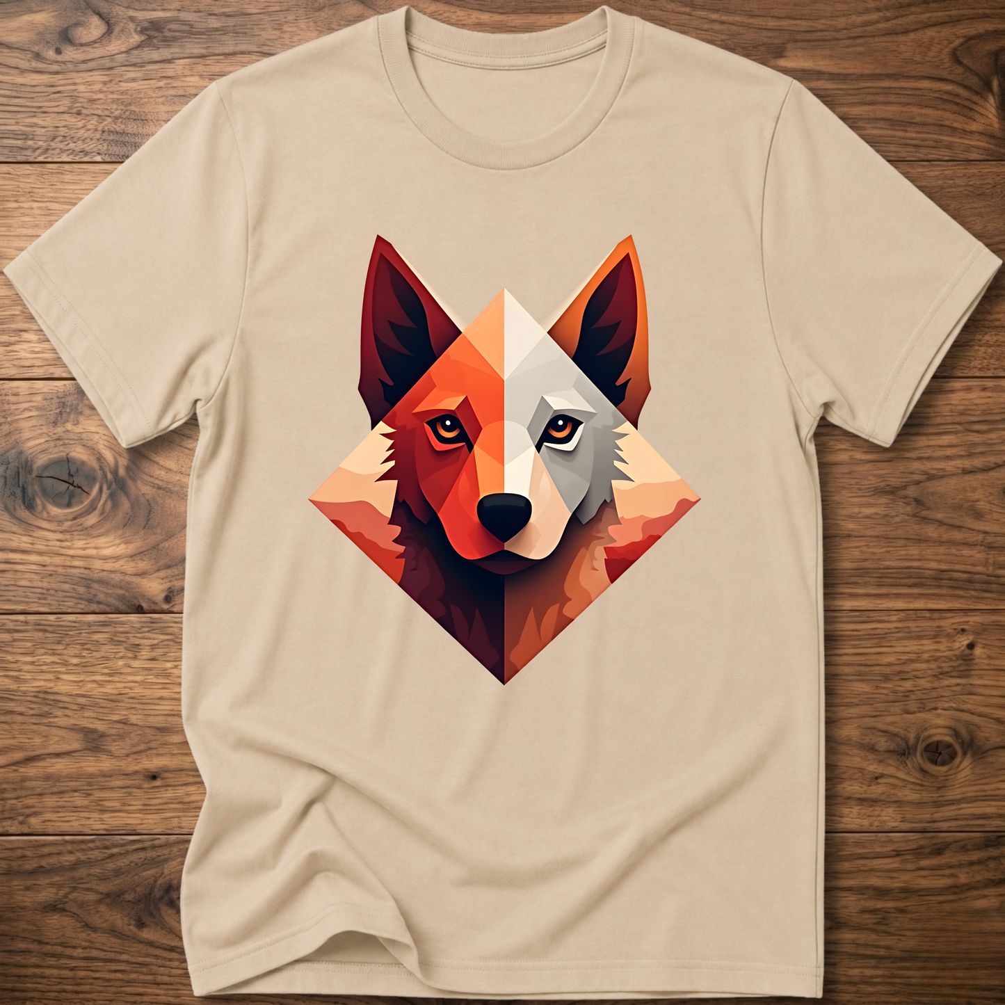 Beige dog t-shirt with colorful geometric husky face graphic at center chest
