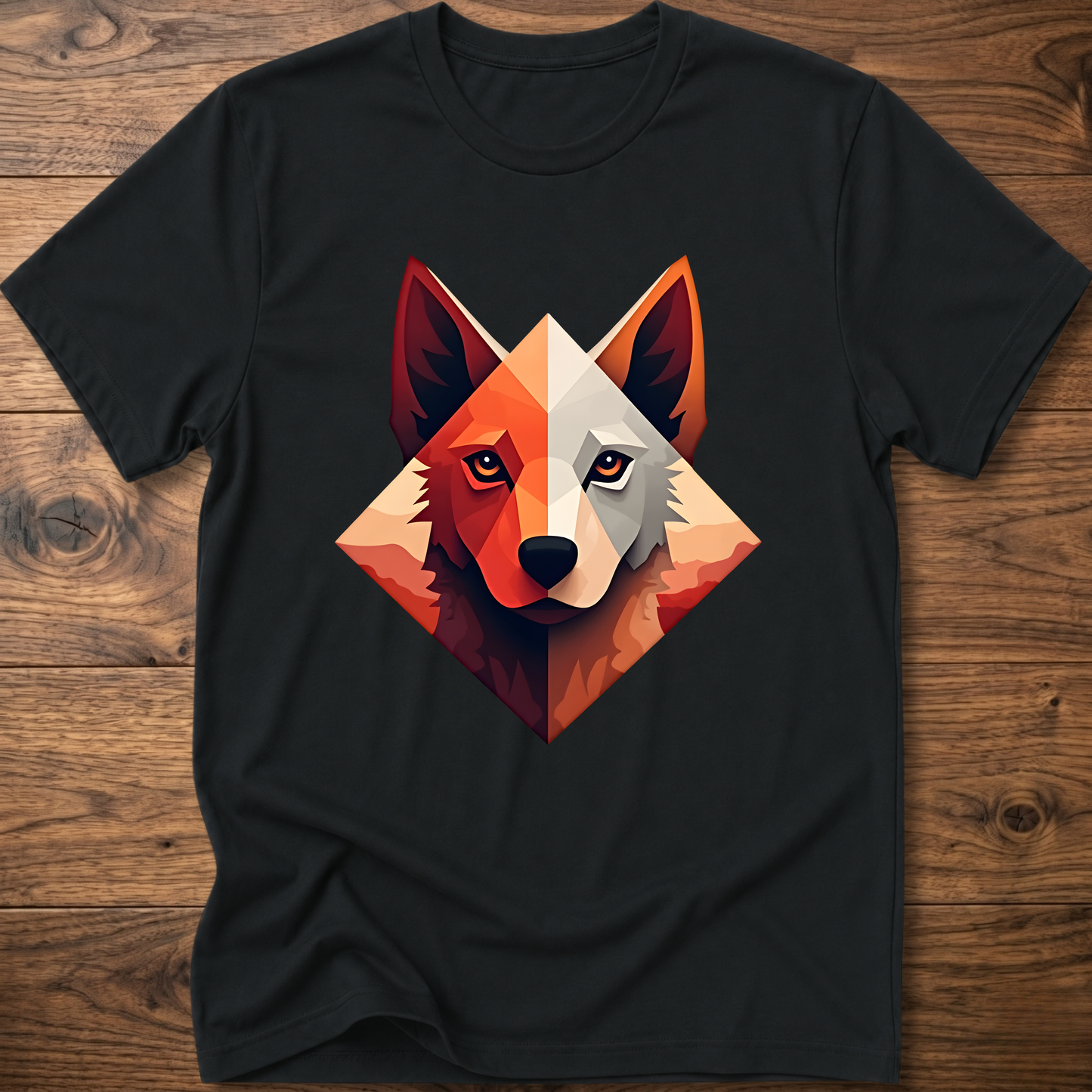 Black dog t-shirt with colorful geometric husky face graphic at center chest