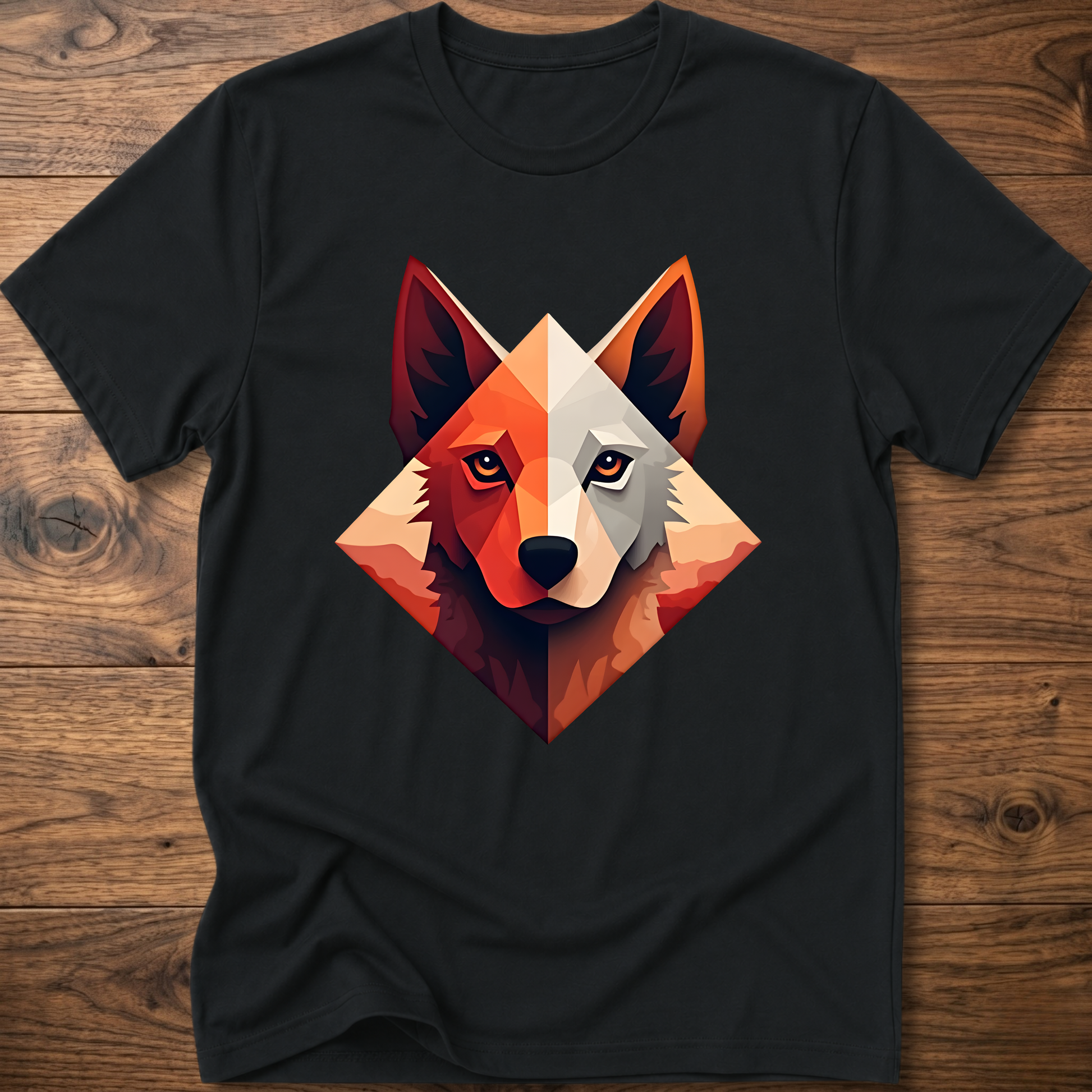 Black dog t-shirt with colorful geometric husky face graphic at center chest