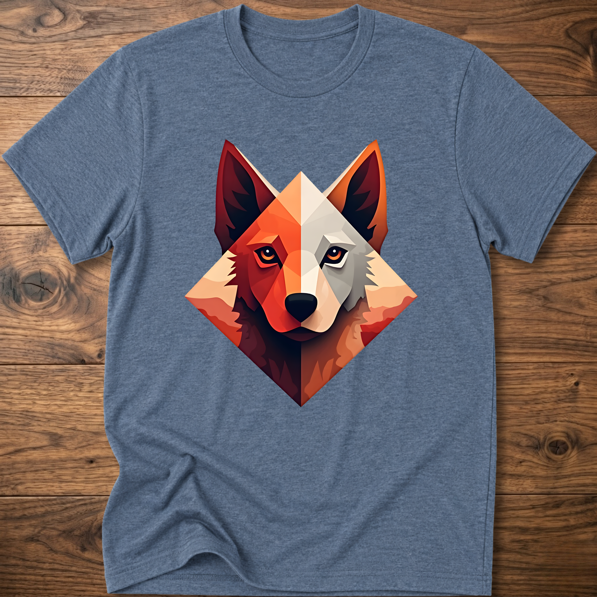 Light blue dog t-shirt with colorful geometric husky face graphic at center chest