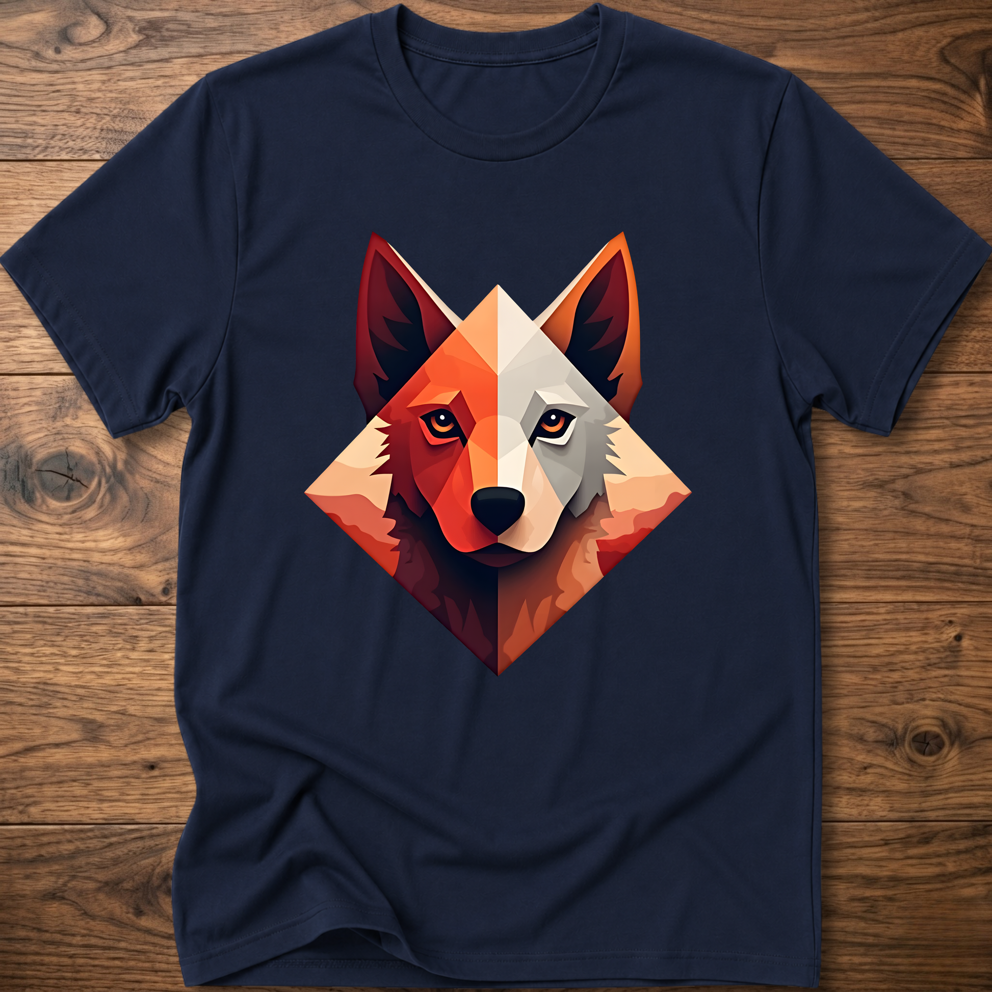 Navy dog t-shirt with colorful geometric husky face graphic at center chest