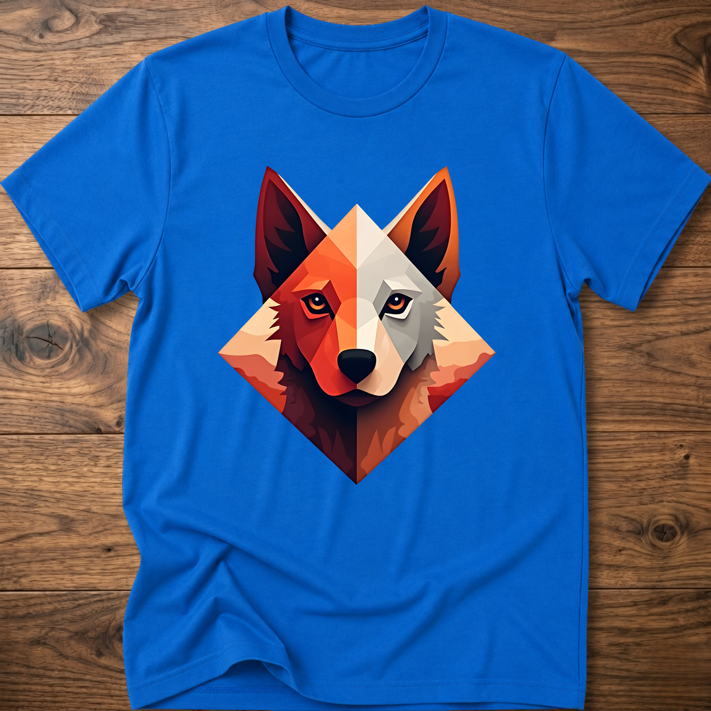 Royal blue dog t-shirt with colorful geometric husky face graphic at center chest